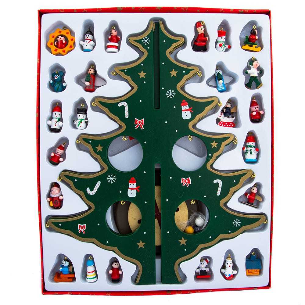 Kurt Adler 11.75-Inch Wooden Tree with Miniature Wooden Ornaments, 25 Piece Set